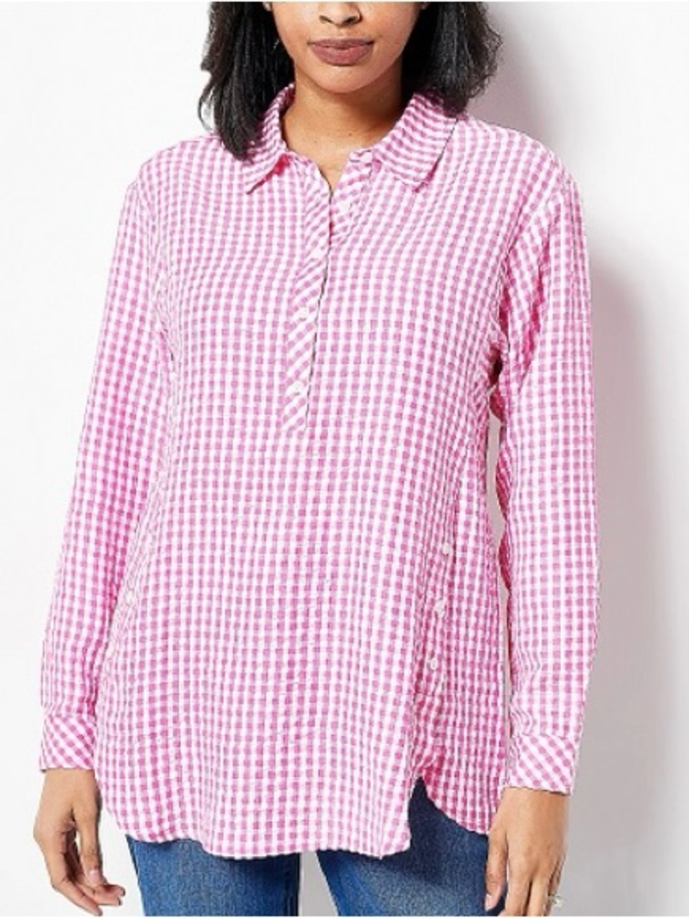New Susan Graver Yarn Dyed Gauze Gingham Top 3X Pink & White